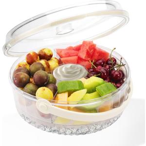 Large Ice Chilled Serving Tray with Lid Handle & Dip Holder for Parties,Fruit Chilled Party Platter,Veggie Tray Cold Party Platter Cold Serving Platter and 5 Compartments (11.8")