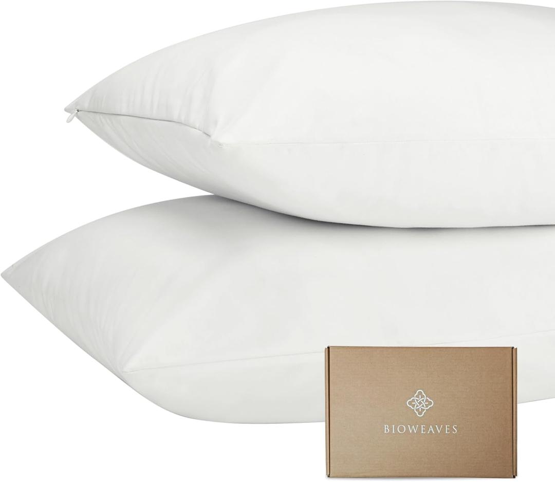 Bioweaves Organic Cotton Jersey Knit Waterproof Pillow Protector Covers with Zipper Closure  GOTS Certified Soft & Quite Pillow Encasement  Queen Size, 20 x 30 inches, Set of 2