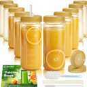 Ruckae 16oz 10 Pack Glass Juice Bottles with Dual Scale, Reusable Glass Bottles with Hole Lids and Straws Mason Jar for Juicing, Smoothies, Kombucha - Water Bottle for Fridge or Gym (Gold)