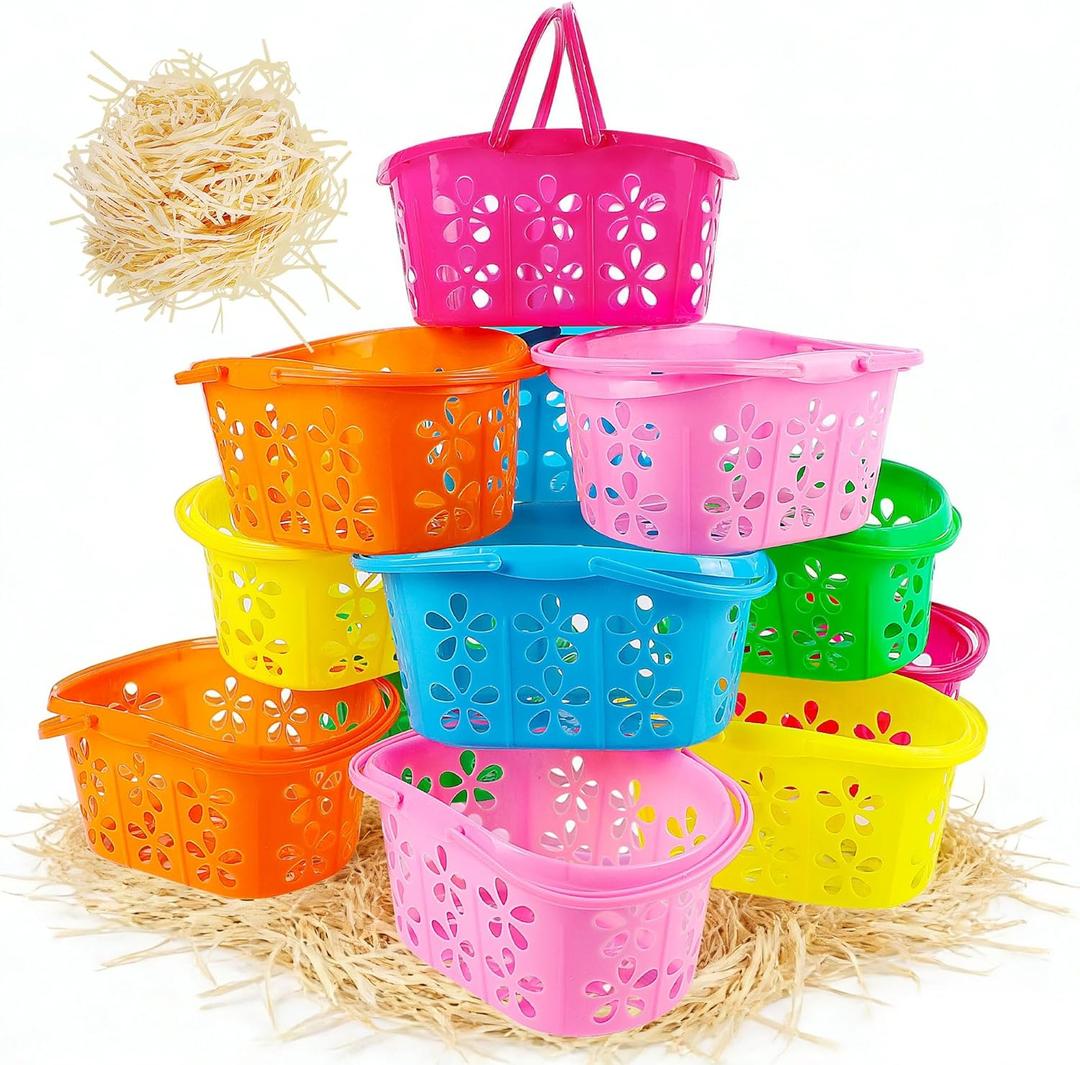 Zcaukya 12 Packs Easter Baskets, 6.5"x4.5"x3.2" Colorful Kids Baskets with Handles, Empty Plastic Easter Basket for Egg Hunt Party Favors