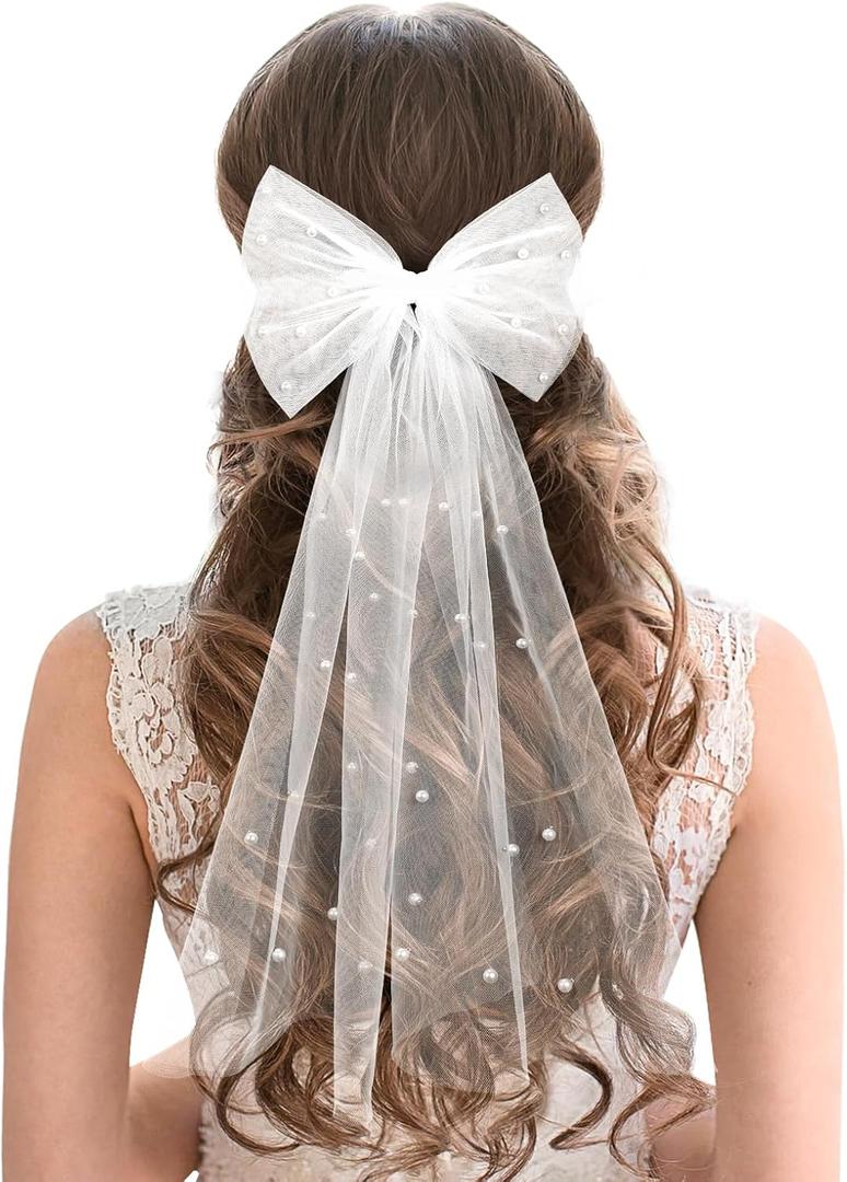 Etercycle Veils For Women Wedding, Wedding Veils For Brides, Elegant Bridal Veil White Pearl Hair Clip Bridesmaid Veil Bridal Wedding Bachelorette Party Hair Accessories(Flat Tail)