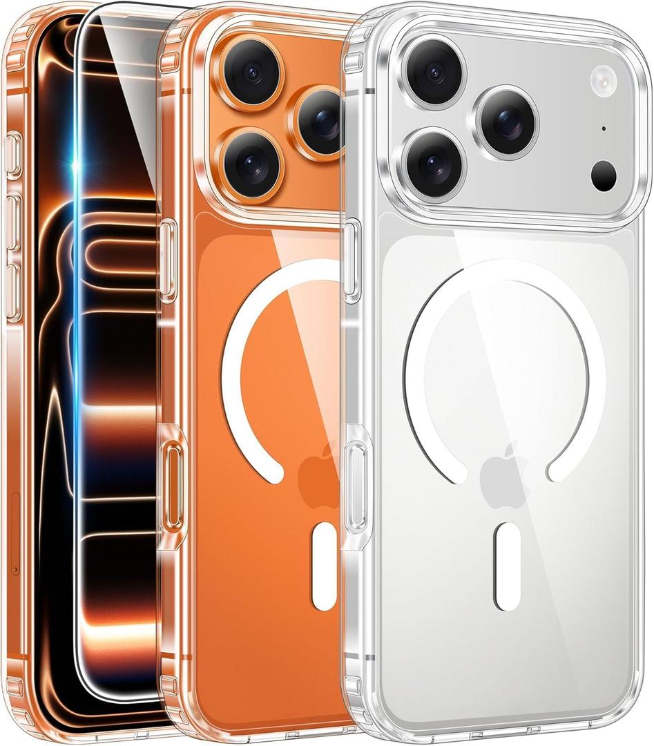 FNTCASE for iPhone 17 Pro-Max Case: Clear Magnetic Phone Cases with Screen Protector Compatible with Magsafe Slim Anti Yellowing Rugged Shockproof Protective Transparent Cell Cover (Clear)