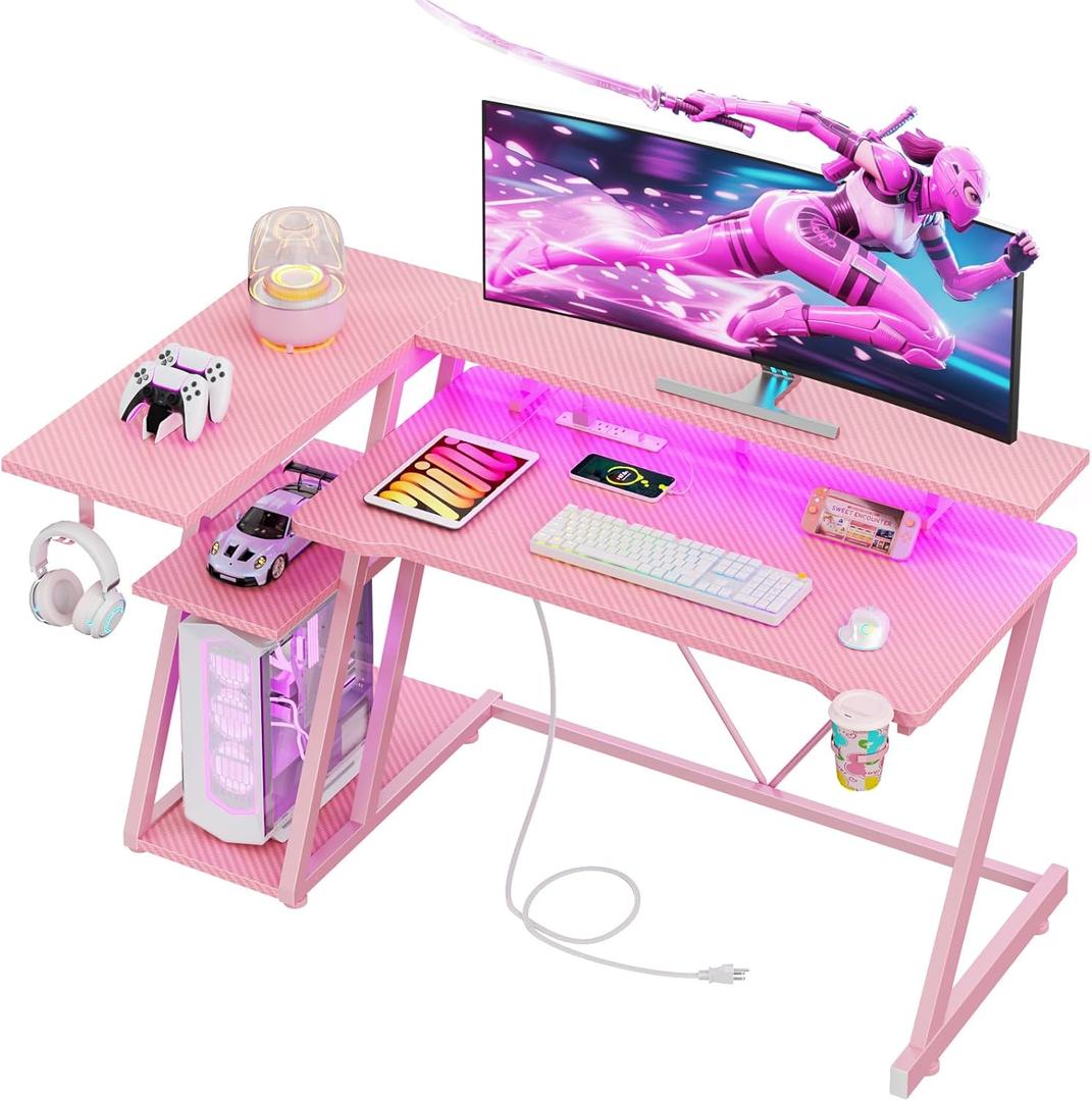 47 Inch Pink Gaming Desk with Power Outlet & LED Lights, Corner Computer Desk with 3 Tiers Storage Shelves, L Shaped Gaming Desk with Monitor Stand for Bedroom (Carbon Fiber Pink)