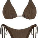ZAFUL Bikini Sets for Women Halter Two Piece Swimsuit Ribbed High Cut Tie Side Thong Bathing Suit Sexy Padded Swimwear (Large, Deep Coffee)