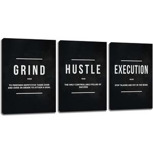 Motivational Office Wall Decor Inspirational Success Canvas Wall Art Hustle Posters Prints Entrepreneur Quote Wall Picture Paintings 3 Pieces Artwork Home Bedroom Framed Easy to Hang(36Wx16H)