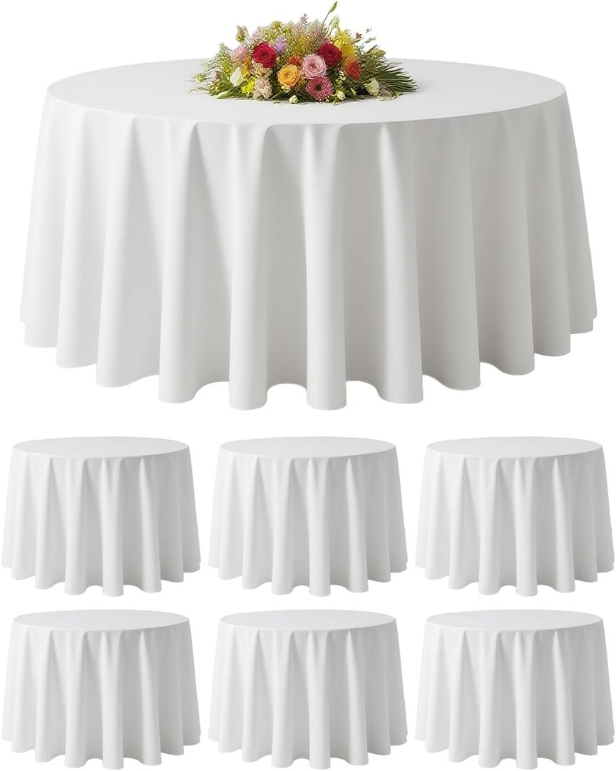 Pack of 6 Washable Round Polyester Fabric Tablecloths 90 Inch - Decorative Table Cover for Wedding Party Dining Banquet (White)