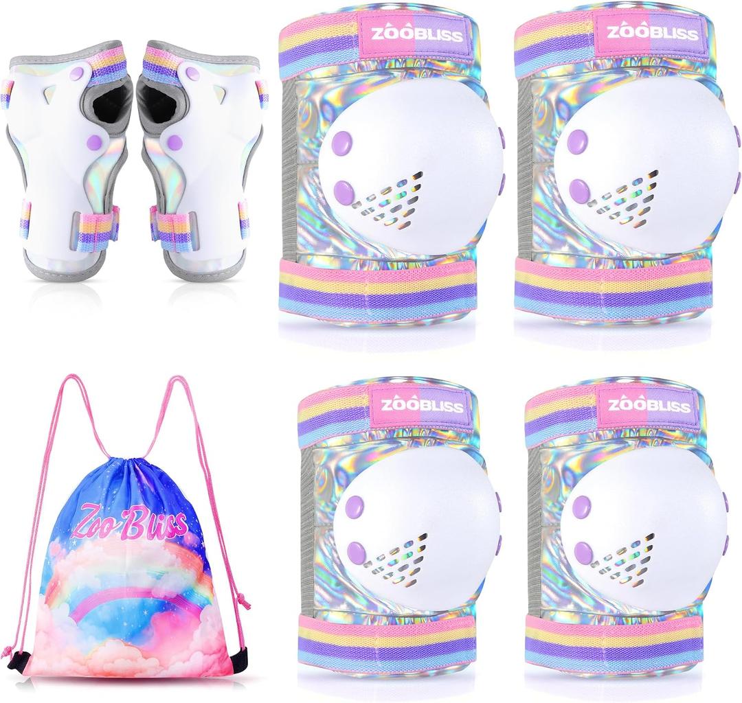 Knee Pads for Kids - ZOOBLISS Toddler Knee and Elbow Pads Set Wrist Guards for Skating Girls Aged 3-12, Kids Protective Gear for Roller Skates Skateboard Bike Scooter, Included Drawstring Bag(Rainbow)