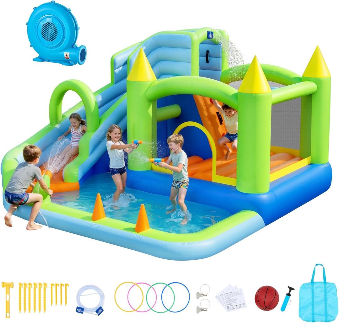 VEVOR Bounce House for Kids, Inflatable Bounce House with Air Blower, Water Slide, Bouncer Castle with Castle Bounces, Basketball Hoop, Splash Pool & Water Ring Toss, for 3 to 4 Kids Ages 3 to 8, 11.3 x 12.3 x 7.0 ft