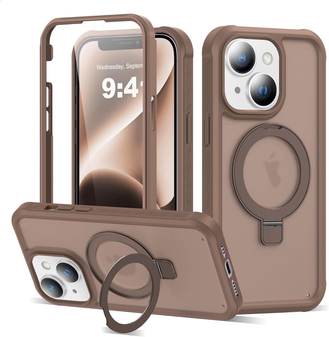 Compatible with iPhone 14 Plus Case with Magnetic Ring Stand [Compatible with Mag-Safe] [Built-in Screen Protector] Military-Grade Drop Protection Matte Translucent Phone Case, Desert Brown