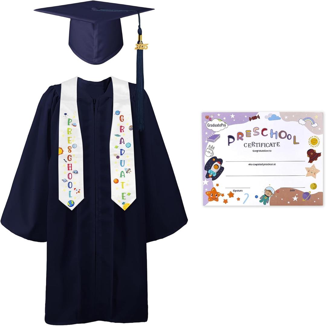 GraduatePro Preschool Graduation Cap Gown Class of 2025 Stole Certificate Package Tassel Set Grad Gift for Kids (27, Navy)