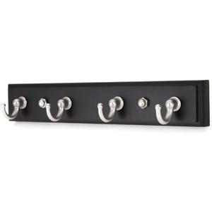 Key Hook Rack for Wall Mount & Self Adhesive Use, 4 Satin Nickel Hooks on New Zealand Pine Wood Board Organizer for Keys, Coats, Bags & Accessories
