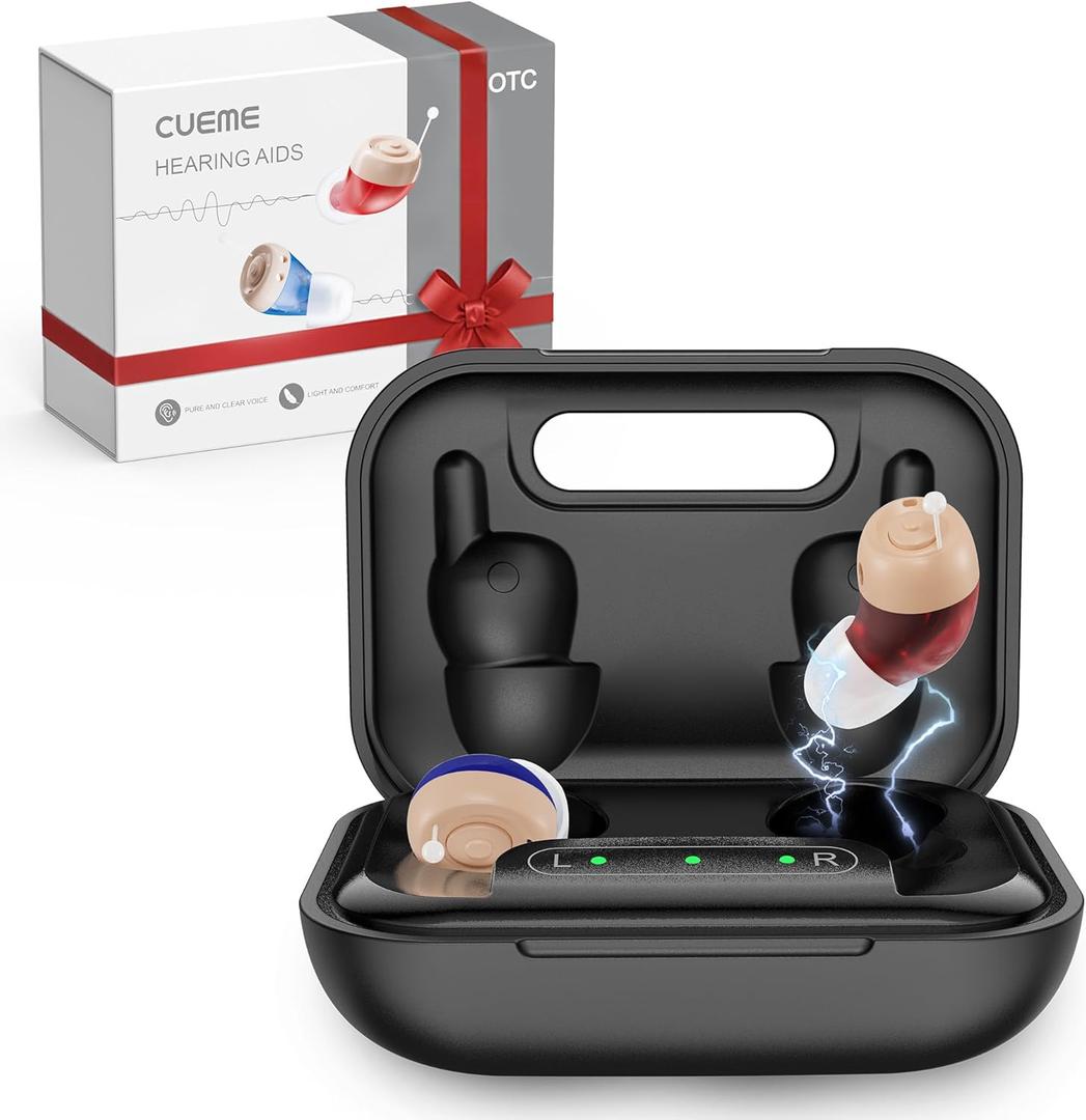 CUEME Hearing Aids - OTC Rechargeable Hearing Aids for Seniors, Clear Sound, Up to 48 Hours of Battery Life, 3 Sizes of Earbuds, Portable Charging Case Included, Automatic On/Off (Black)