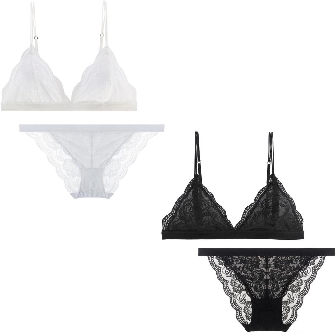 Lace Bralettes for Women Floral Adjustable Thin Strap V Neck Hook Eye Unpadded Triangle Bralette Wire Free Bra (Medium, 2 Pack-Set (Black, White)