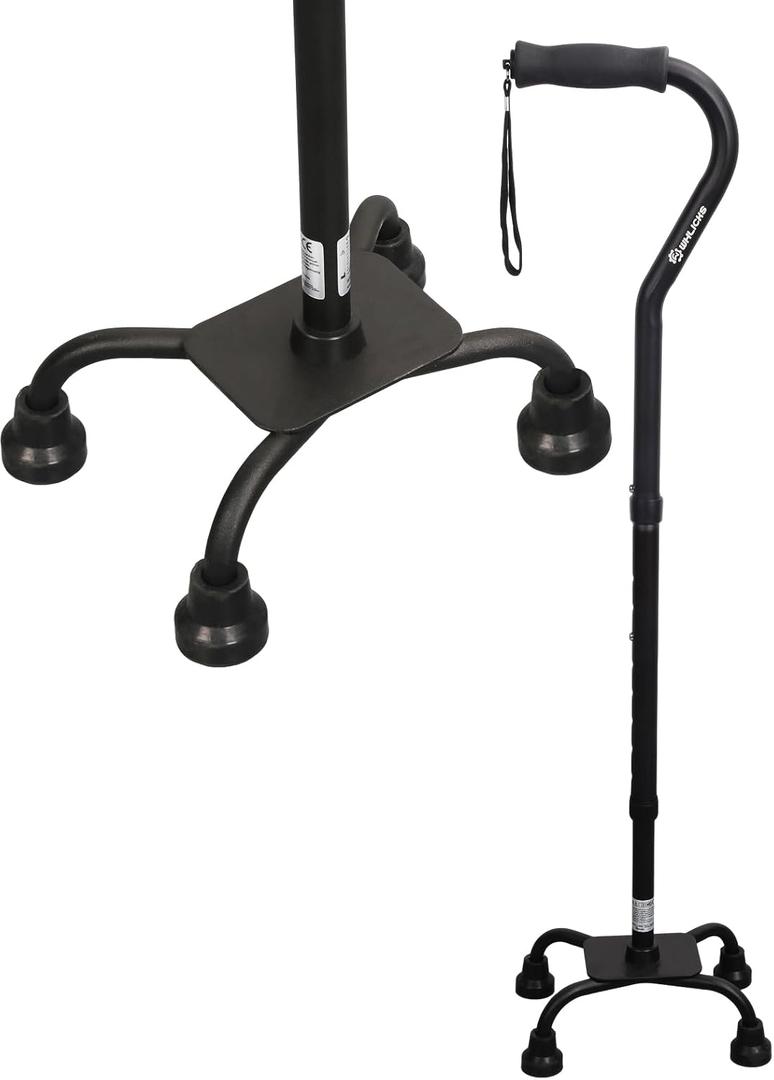 Quad Cane (300 lbs) - Adjustable Walking Cane with Large 4-Pronged Base & LED Light, Extra Balance & Stability Walking Stick for Seniors, Men & Women