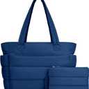 TOPDesign Puffer Tote Bag for Women, Lightweight Puffy Handbag with Compartments, Quilted Shoulder Bag for Work, Travel, Gym (Medium, Blue)