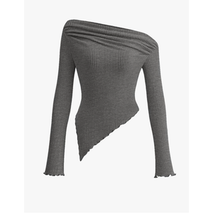 PRETTYGARDEN Women's Spring Long Sleeve Y2K Crop Top Trendy Off Shoulder Asymmetrical Fitted Knit Tee Shirts Going Out Tops Grey XS