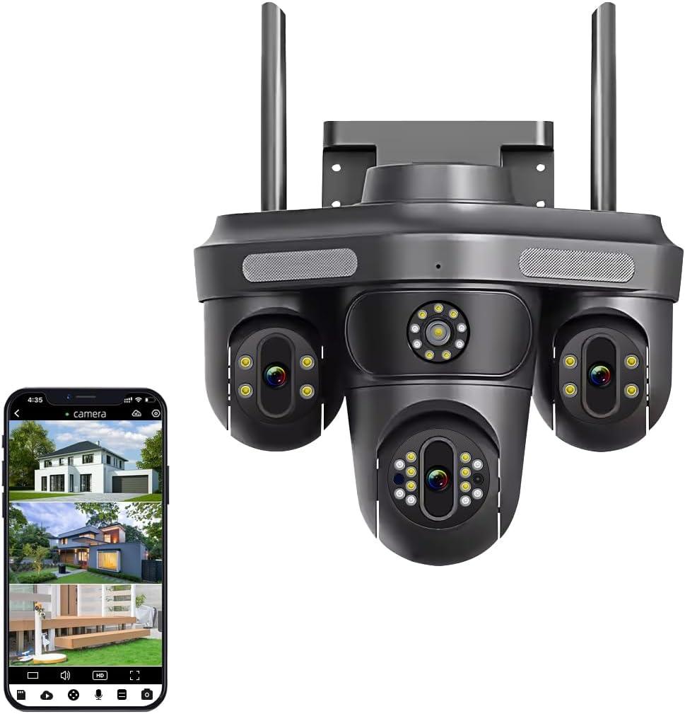 4MP Pan/Tilt Security Camera Triangle 3 Lens Camera Outdoor WiFi, Auto Tracking, Human Detection, Light Alarm, Color Night Vision,Zoom 10X, 2.4G WiFi,SD Card Slot