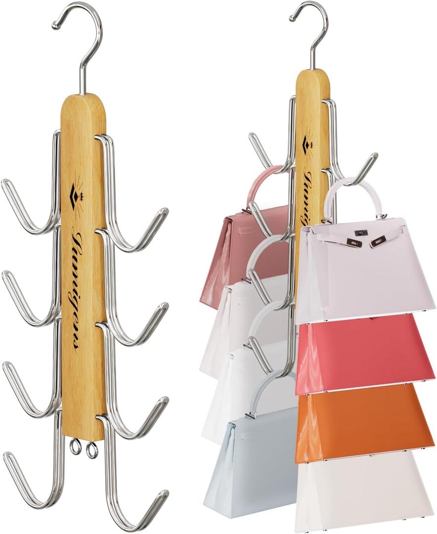 Purse Hanger, 2 Pack Purse Organizer for Closet with 16 Hooks for Heavy Bags, Sturdy Bag Storage, Rotatable Handbag Holder, Purse Rack Space Saving Backpack Hanging Closet Organizer Hangers (Natural)