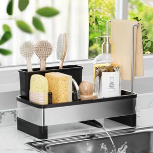 VUSIGN Sponge Holder for Kitchen Sink, Sink Caddy Organizer with Brush Holder, Rustproof Stainless, Self-Draining Sink Organizer for Countertop, Sponges, Brushes, Kitchen Decor and Accessories, Black