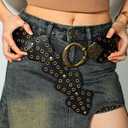 Wide Disc Belt for Women Vintage Hollow Boho Leather Belt Western Chunky Waist Belt Cowboy Metal Buckle Concho Belts (Black)