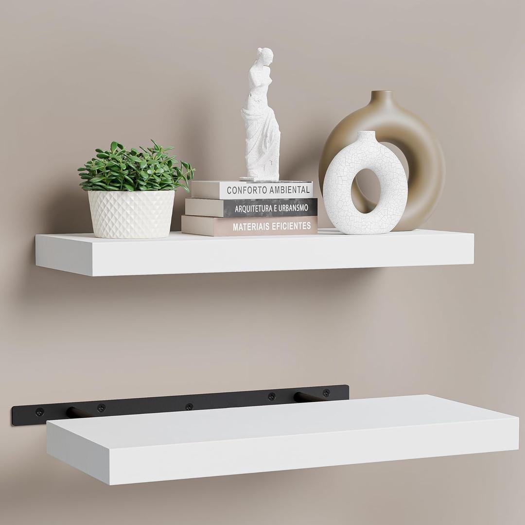 BATODA Set of 2 17" White Floating Shelves Wall Mounted for Bathroom  Wooden Decorative Wall Bookshelf - Storage Shelf Organizer for Home, Bedroom, Kitchen - Black Bracket, Shelving Mounting Included