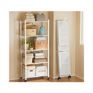 5-tier Folding shelves , Heavy Duty Metal Foldable Collapsible Shelf Shelving Rack Organizer On Rolling Wheels in Kitchen Closet Gym Pantry Basement No Assembly 1100 LBS Capacity (White, 5-Layer)