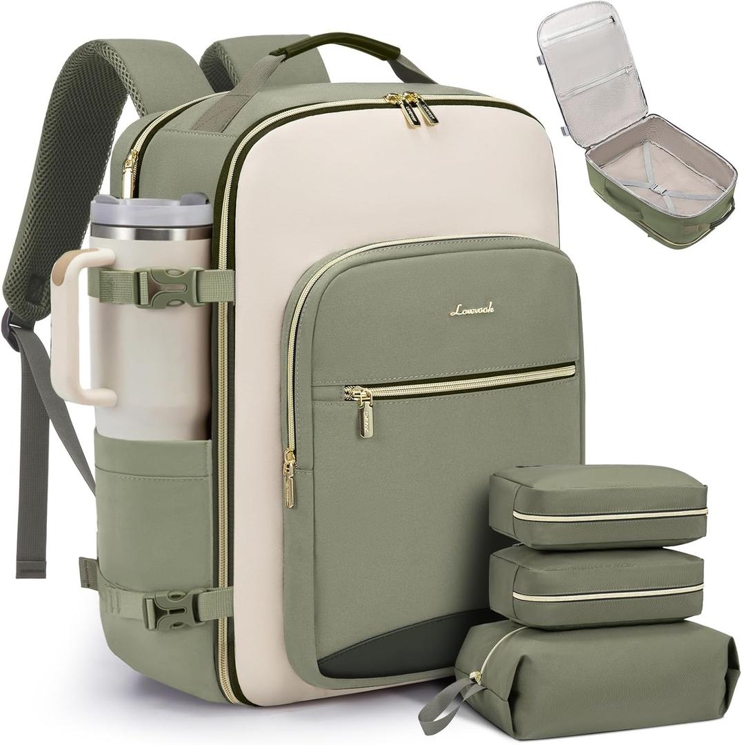 LOVEVOOK 40L Travel Backpack for Women & Men, Airline Approved Carry On Luggage with 3 Packing Cubes, TSA Overnight Bags, Waterproof Personal Item Bag, Weekender Essentials Backpacks fits 17" Laptop (Light Green-beige-olive Green)