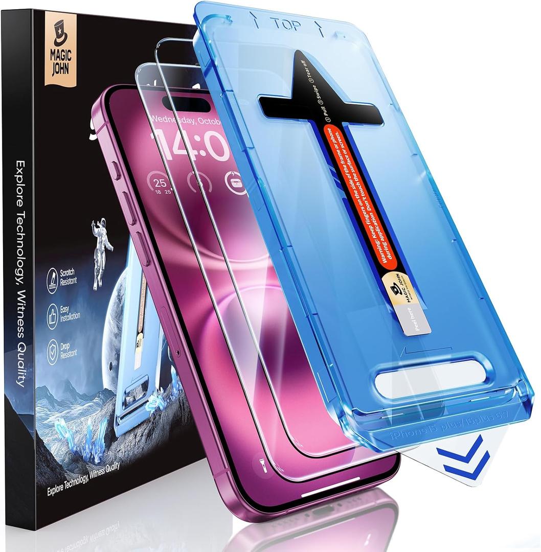 MAGIC JOHN 2 Pack for iPhone 16 Plus 6.7 inch Tempered Glass Screen Protector, Auto Dust-Elimination, Bubble Free, Easy Installation, HD Clear