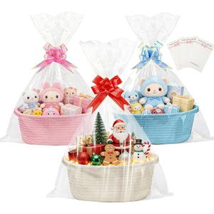 SEISSO 3 Pack Gift Baskets Empty with Gift Bags Ribbon Bows Cards, Small Woven Gift Basket with Handles for Christmas Birthday Thanksgiving Easter Baby Shower Toys, 12"x 8"x 5",White, Pink, Blue