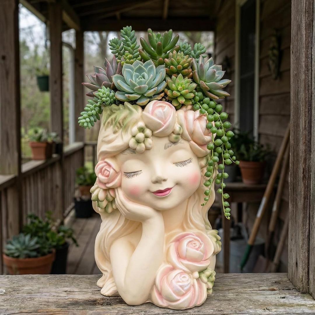 Elenon Head Face Planter for Succulents Indoor Outdoor with Drainage Hole, Unique Home Garden Decor Resin Cute Turtle Flower Pot Gift Idea for Plant Lovers