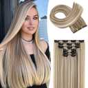 LONAI Clip in hair extensions 6PCS Straight 24" Hair Extensions for WomenHeat Resistant Synthetic Hairpiece-Ash Brown with Blonde Highlights