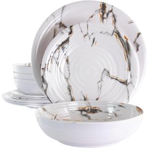 Elama Lightweight Dinnerware Set, 12 Piece, White Marble