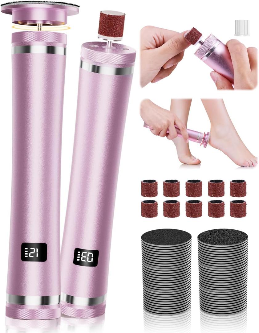 Upgrade Electric Foot Callus Remover, 2 in 1 Rechargeable Electric Callus Remover for Feet, 12 Adjustable Speed Foot File with 70 pcs Sandpaper Disk for Nail Care/Removal of Dead Skin Calluses, Pink