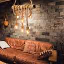 Arturesthome 6 Heads Hemp Rope Pendant Light, Vintage Bamboo Chandeliers Fixture Kitchen Island, Rustic Industrial Hanging Lamp for Bedroom Restaurant Cafe Bar Country Style Decoration