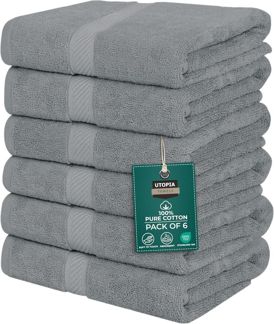 Utopia Towels 6 Pack Medium Bath Towel Set, 24 by 48 Inches, 500 GSM 100% Ring Spun Cotton, Lightweight and Highly Absorbent Quick Drying Premium Towels for Hotel, Spa and Bathroom, Cool Grey