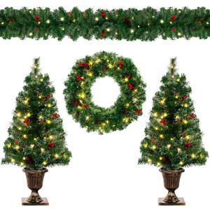 Pre-lit Holiday Christmas 4-Piece Set with LED Lights, Christmas Garland, Wreath and Set of 2 Entrance Trees, Christmas Decorations for Indoor Outdoor Home Porch Front Door (Green)