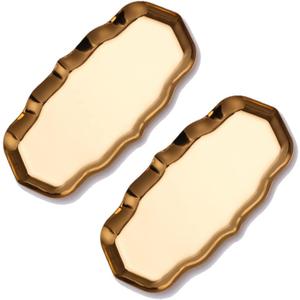2 Pack Oval Golden Tray, 9 Inch Long Decorative Metal Tray with Curved Lip and Irregular Lacy Edge, Gold Brass Serving Platter Vanity Jewelry Tray for Dessert Table, Desktop, Bathroom