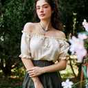 SCARLET DARKNESS Peasant Blouse for Women Off Shoulder Puff Sleeve Cotton Loose Summer Tops (Beige, S)