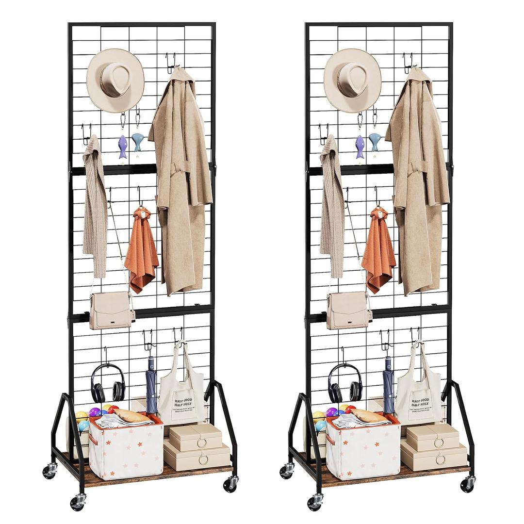 ELYKEN 2 Pack Foldable Grid Wall Panels 5.7' x 2' FT, Movable Wire Gridwall Display Rack with Wheels and Adjustable Foots, Retail Display Stand for Vendor with Storage (Rustic Brown)