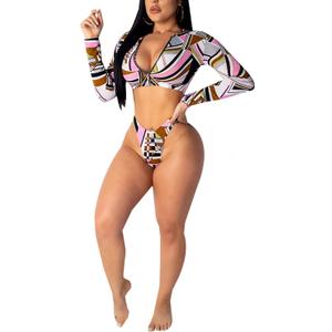 SIAEAMRG Long Sleeve Swimsuit for Women, 2 Pieces Sexy High Waisted Triangle Bikini Bathing Suits, 3D Print Tankini Swimwear (16-18)