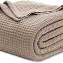 Bedsure 100% Cotton Blanket Queen Size for Bed - Breathable and Soft, Waffle Weave Blanket for Summer Spring, Tan, 90x90 Inches