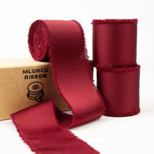 Burgundy Dark Red Silk Ribbon 1-1/2 Inch x 21Yds Handmade Fringe Silky Chiffon Frayed Fabric Ribbon for Gift Wrapping, Flower Bouquet, Wedding Invitation, Baby Shower, Bridal Shower, Christmas Decor