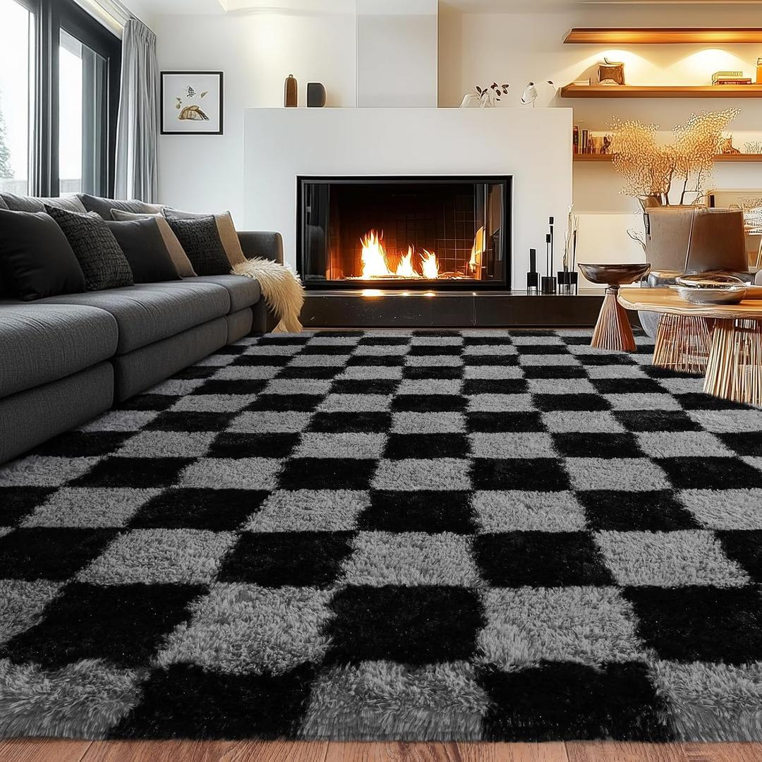 Rezutan Extra Large Fluffy Area Rug for Bedroom Living Room, Checkered 9x12 Feet Modern Indoor Carpets Room Black Grey Rugs, Plush Indoor Nursery Classroom Home Decor Rug with Non-Slip Bottom
