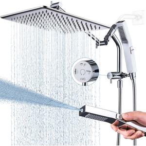 G-Promise All Metal 12 Inches Rain Shower Head with Handheld Built-in Power Wash Mode, 3-way Diverter with Pause Setting, 11 Inches Adjustable Extension Arm with Lock Joint, Long Hose (Chrome)