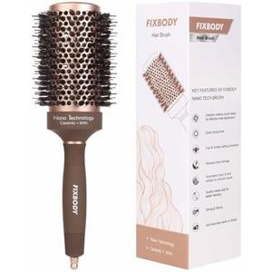 FIXBODY Hair Brush, Round Brush for Blow Drying, Curling, Styling, Nano Thermal Ceramic & Ionic Tech, Boar Bristle, 3.3 inch, 2 inch Barrel, for Women, Volume & Shine, Brown, Hair Brush for Thick Hair