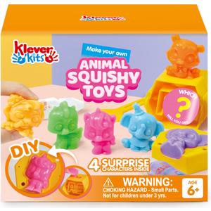Klever Kits Mystery Box Squishy Animal Kit, 4 Characters, Squishy Toys for Kids Ages 6+, Arts and Crafts