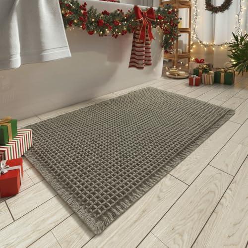 AMOAMI Upgraded Waffle Bath Mat, Super Absorbent Non Slip Bath Mats for Bathroom Floor, Machine Washable Bathroom Rugs with Tassels, Rubber Backed Bathroom Mats, Ultra Soft, 18" x 30", Green