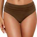 Tempt Me Women Mid Rise Bikini Bottoms Full Coverage Swimsuit Ruched Scrunch Swim Bottom (Small, Brown)