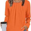 Womens Long Sleeve Tunic Tops Dressy Casual Crewneck Pleated Shirts Fashion Trendy (Medium, Orange)