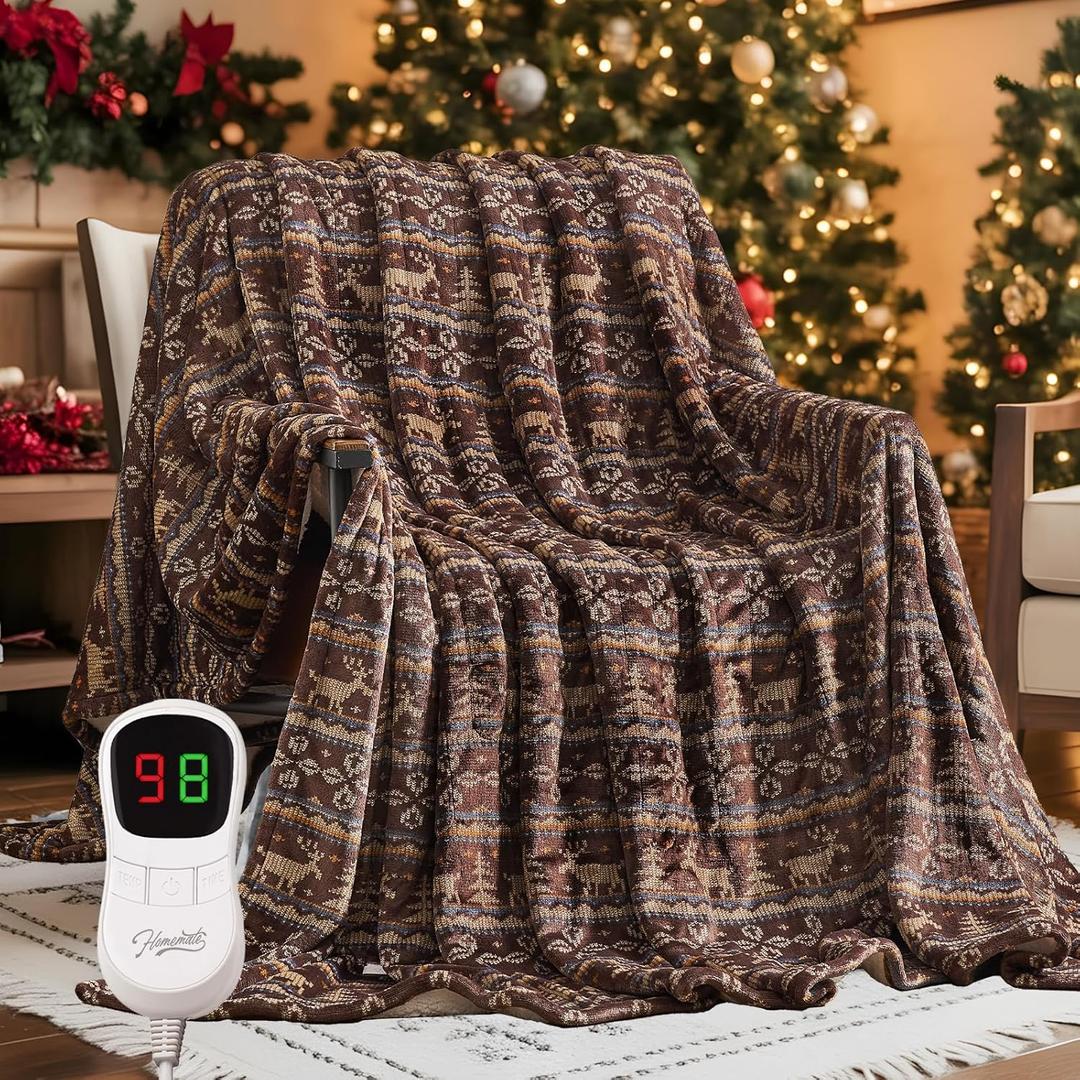 Homemate Heated Blanket Electric Twin Size - 62x84 Heating Blanket with 10 Fast Heat Levels 8 Hours Auto Off Ultra Soft Cozy Flannel Over-Heated Protection ETL Certification Keep Warming in Home (Brown Christmas)
